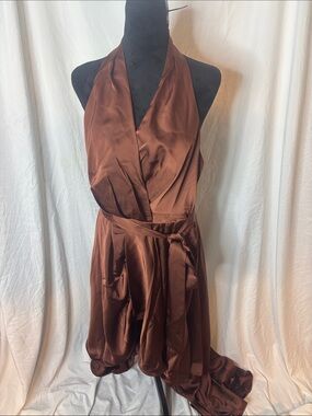Satin Halter Wrap Prom Dress in Rich Brown